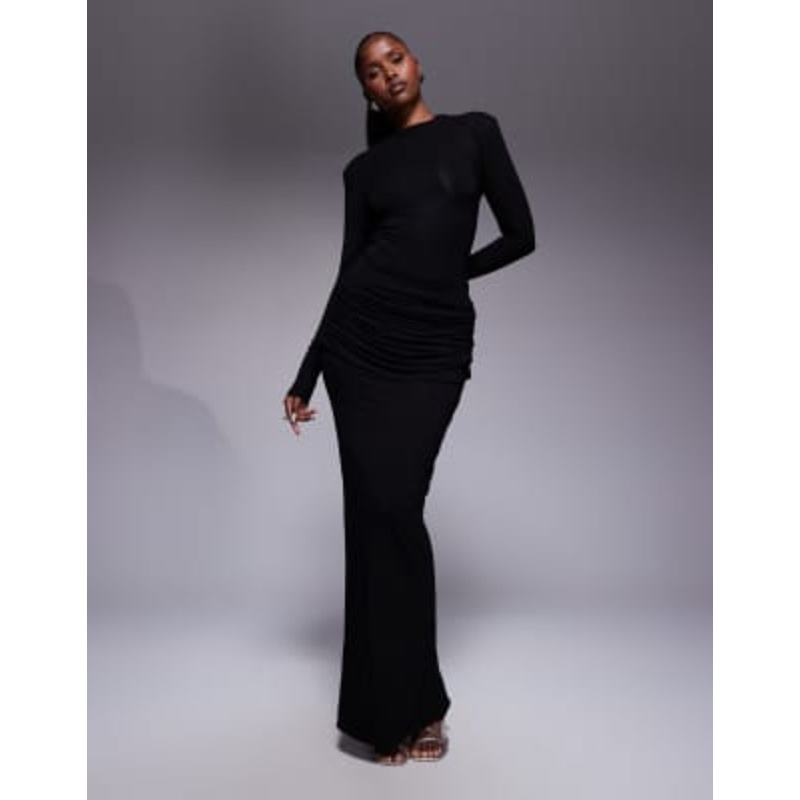 Wanderdoll Ashtin second skin drape detail maxi skirt and long sleeve bodysuit set in black