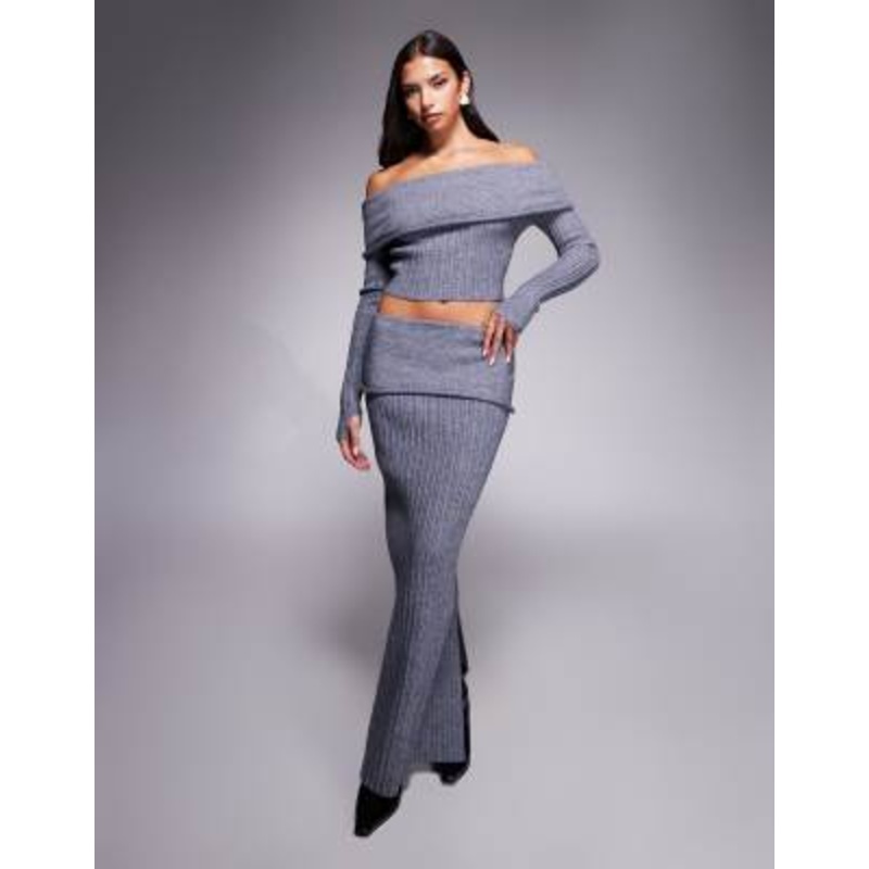 Wanderdoll Mollie ribbed deep foldover off the shoulder sweater and maxi skirt set in charcoal