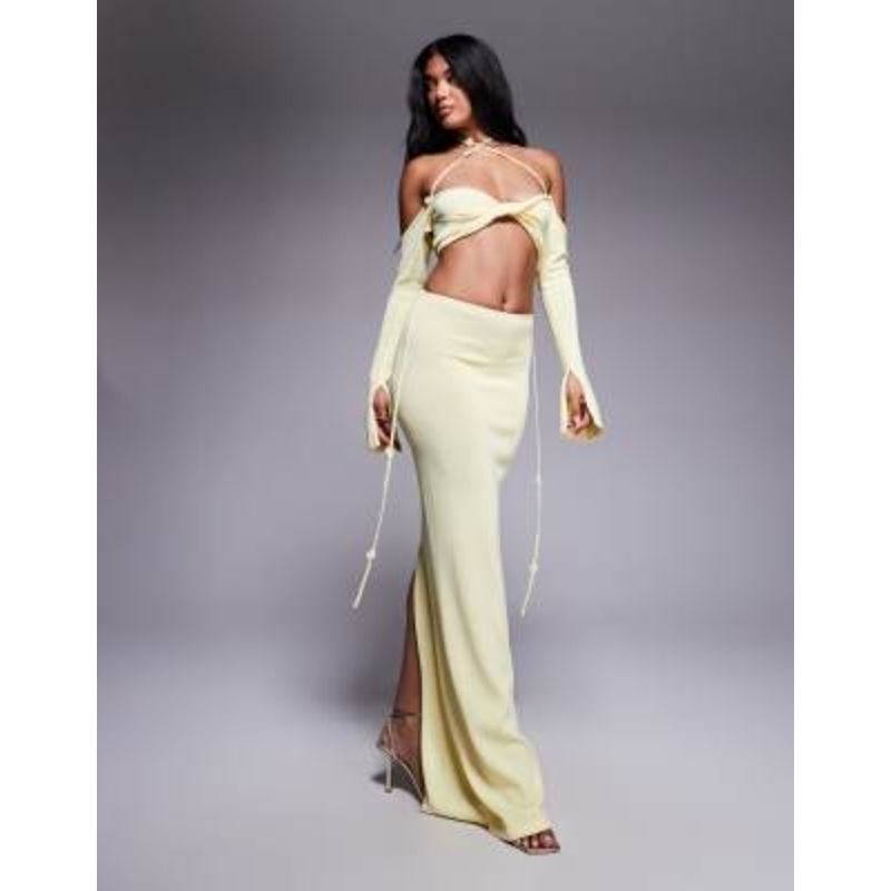 Wanderdoll Ophelia knit cropped twist front halterneck top and maxi skirt set in lemon