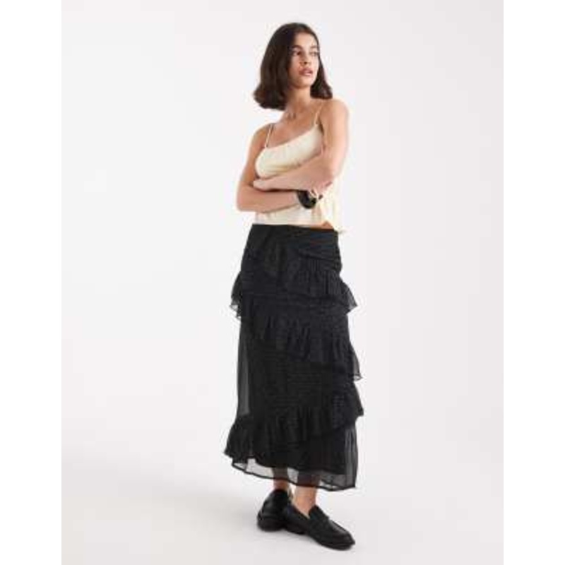 Wednesday’s Girl tiered ruffle polka dot midaxi skirt in black