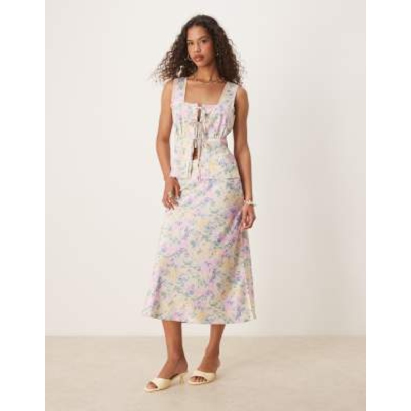 YAS Satin tie front top and midi skirt set in meadow floral print