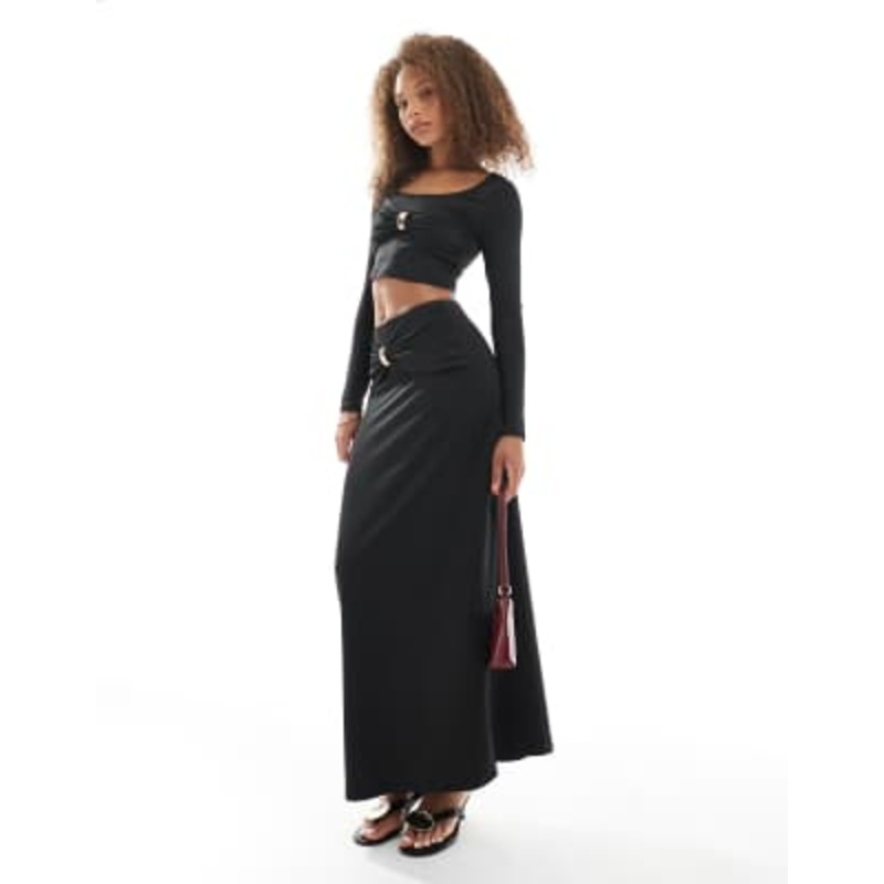 4th & Reckless gathered gold tone hardware detail maxi skirt in black – part of a set