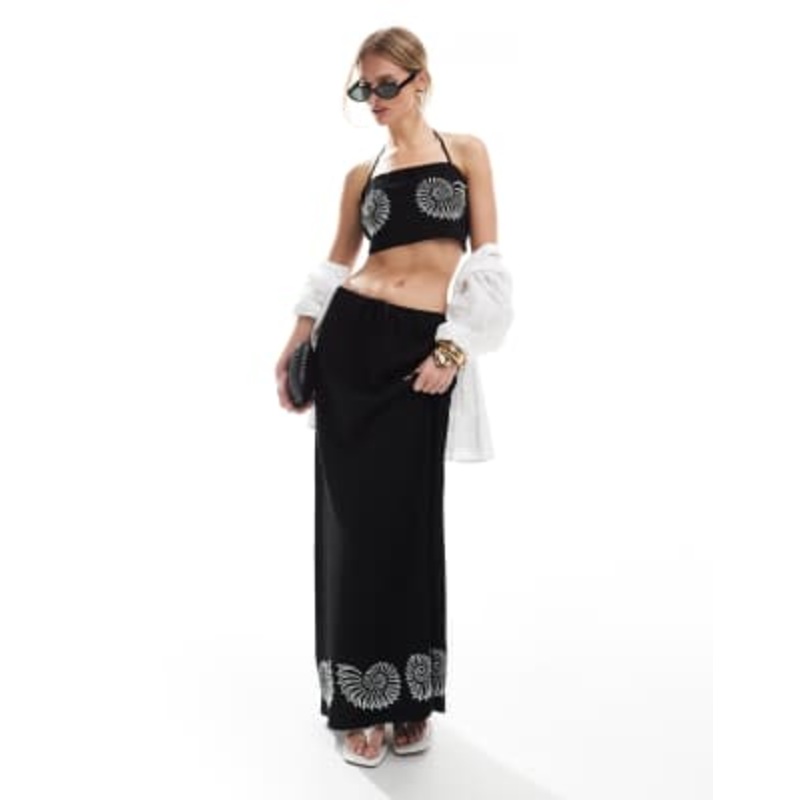 4th & Reckless linen blend square halterneck embroidered shell detail beach crop top and maxi skirt set in black