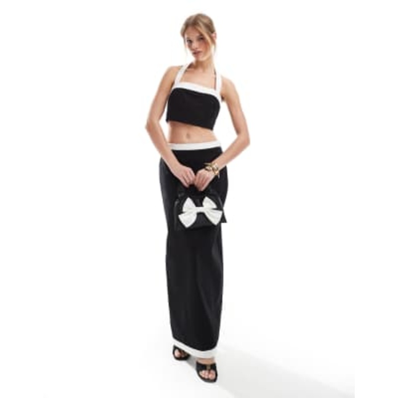 4th & Reckless linen look halterneck contrast edge crop top and maxi skirt set in mono