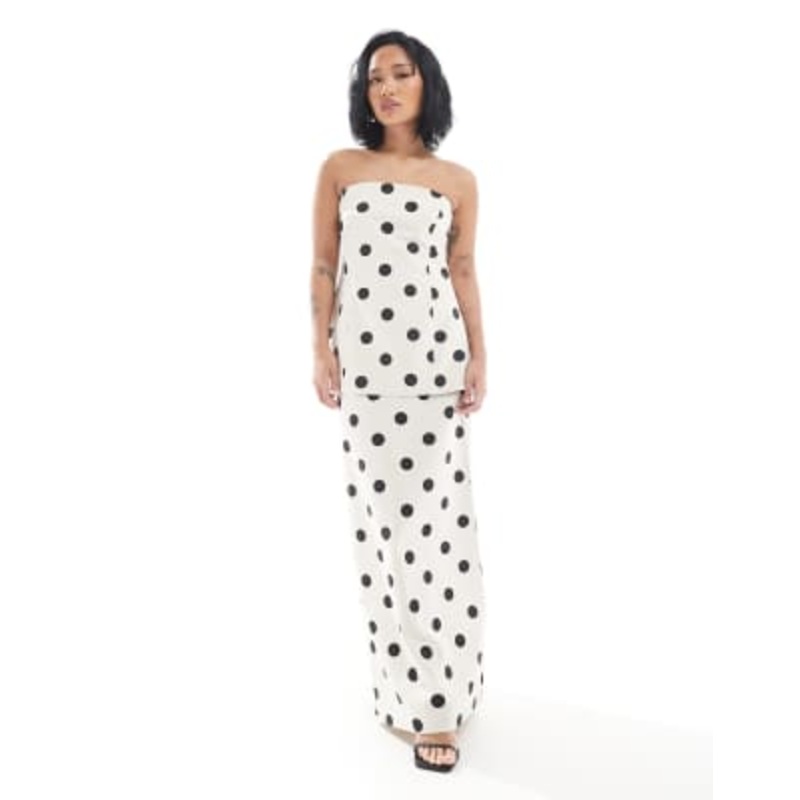 4th & Reckless Petite exclusive linen blend bandeau longline top and maxi skirt set in cream polka dot