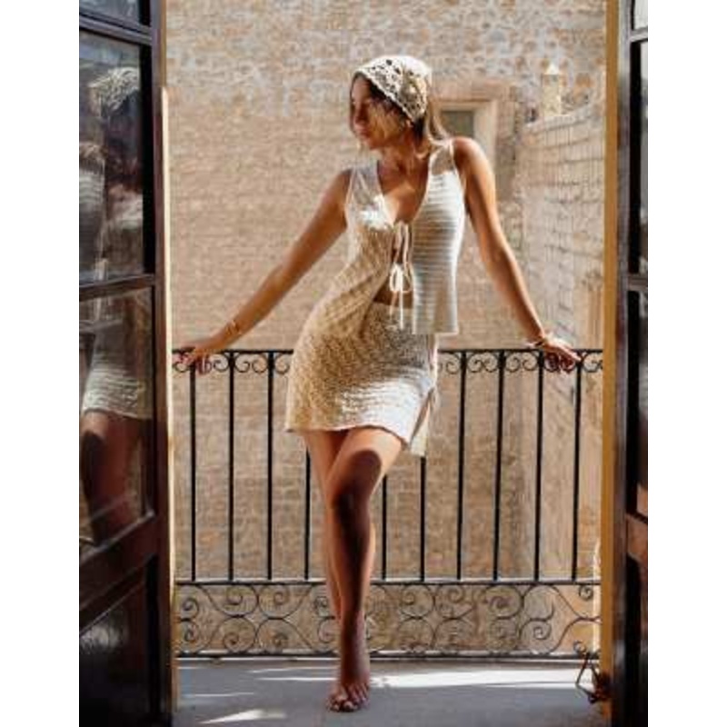 4th & Reckless x Luana Barron crochet tie front beach top and skirt set in cream