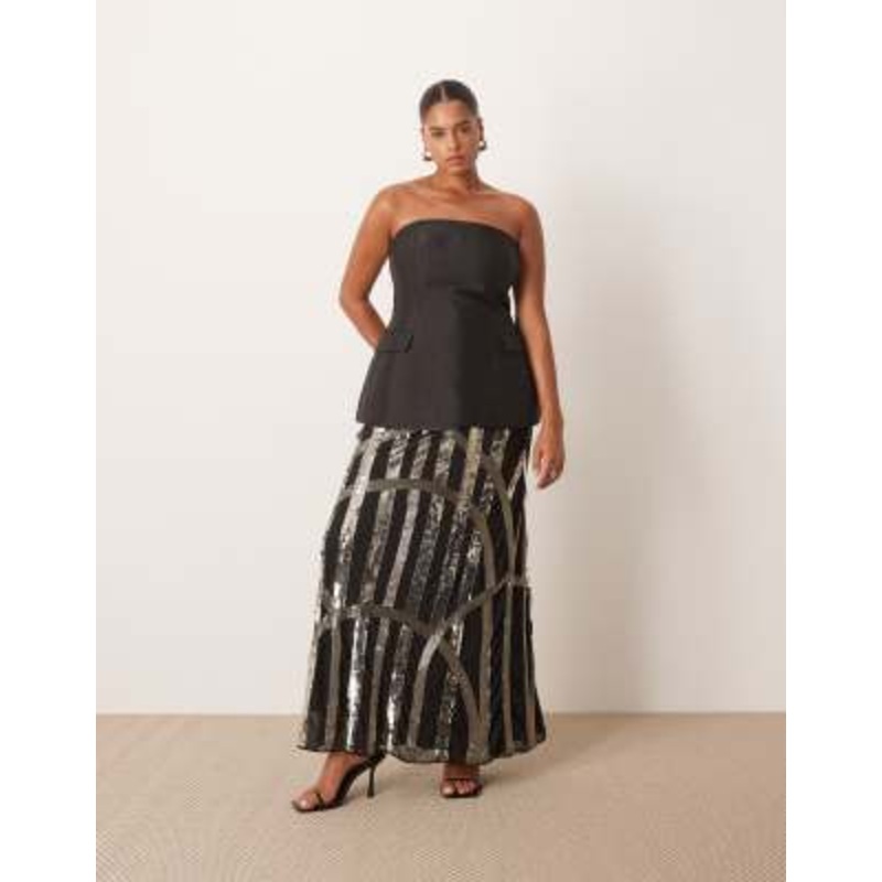 ARRANGE Curve deco linear embellished maxi skirt in black