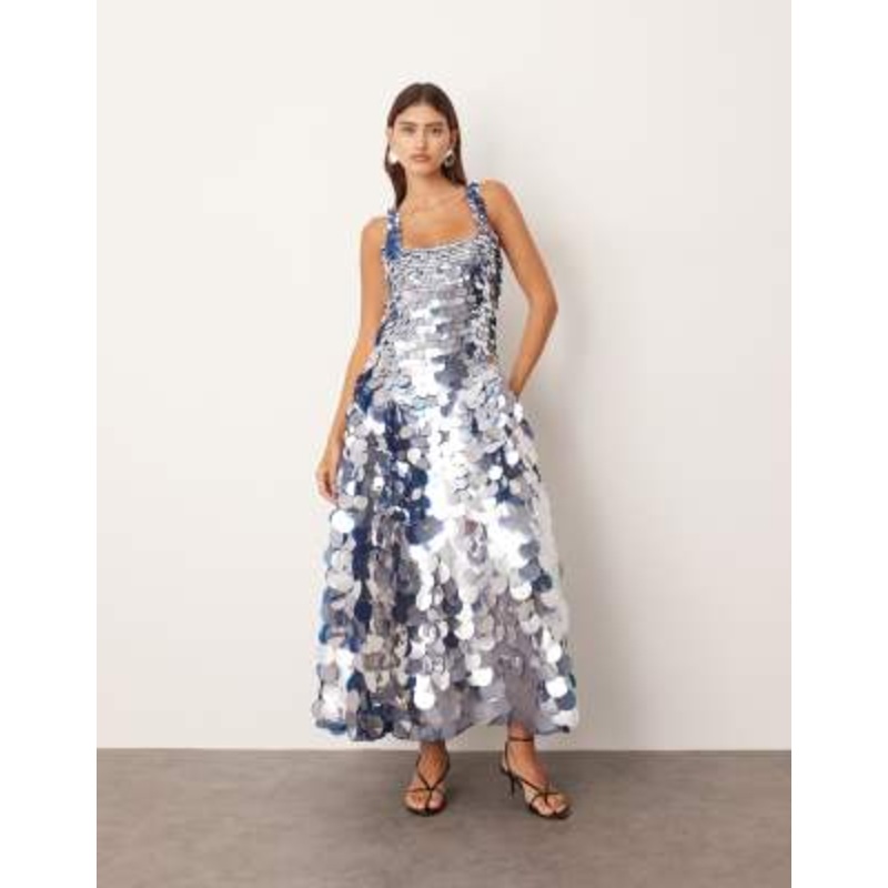 ARRANGE embellished paillette sequin square neck full skirt midi dress in blue