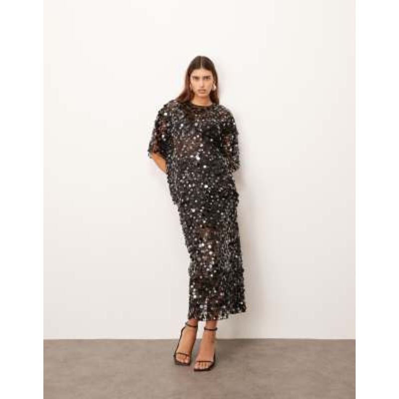 ARRANGE sheer grid sequin maxi skirt in black – part of a set