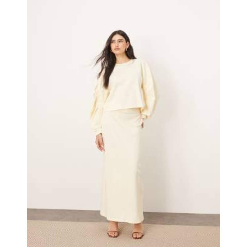ARRANGE textured jersey boxy top and maxi skirt set with pleat sleeve detail in buttermilk