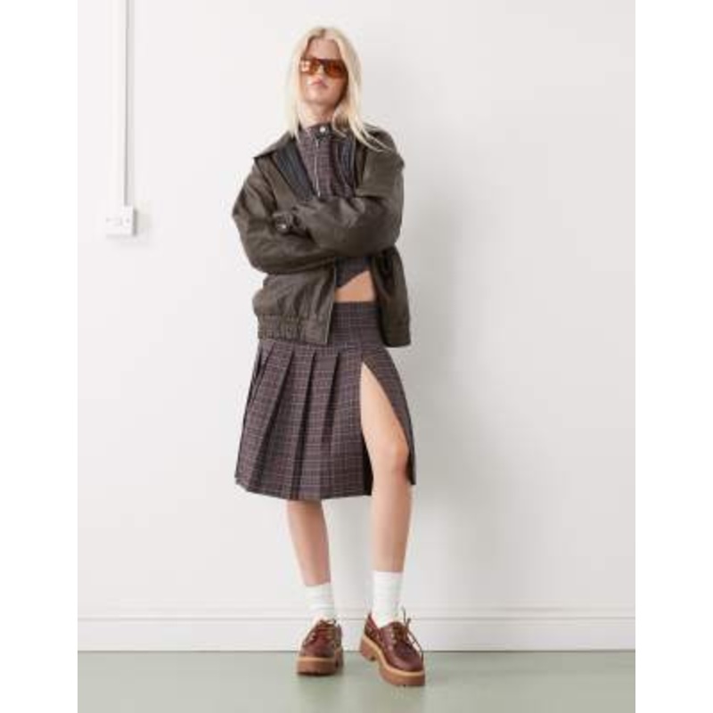 COLLUSION tailored low rise midi skirt with slit in dark plaid – part of a set