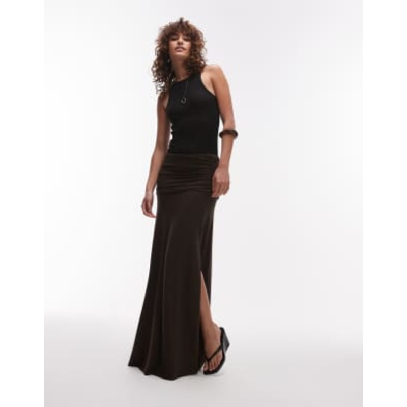 Topshop ruched waist maxi skirt in chocolate brown