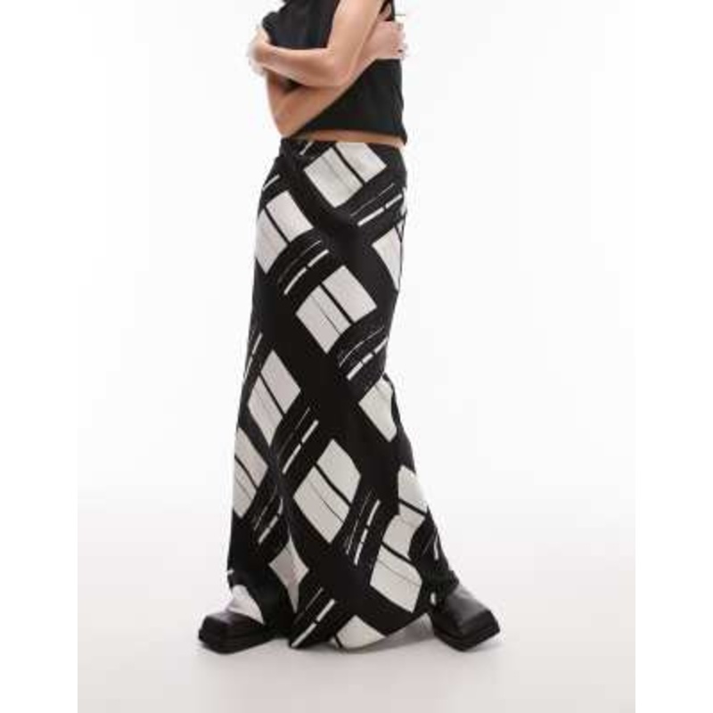 Topshop satin bias skirt with printed check in mono