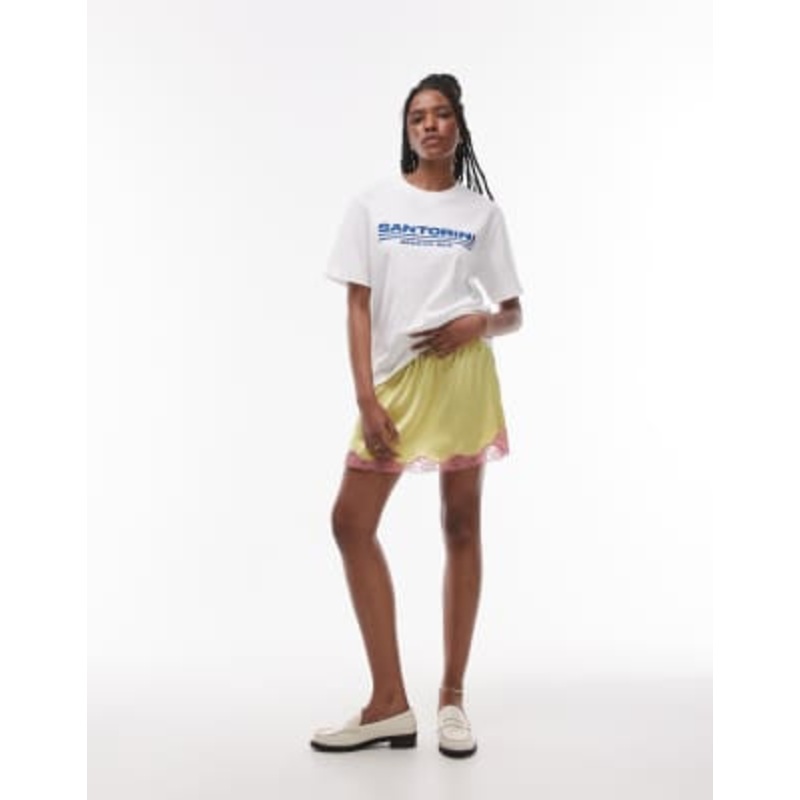 Topshop satin mini slip skirt in lime with pale pink lace