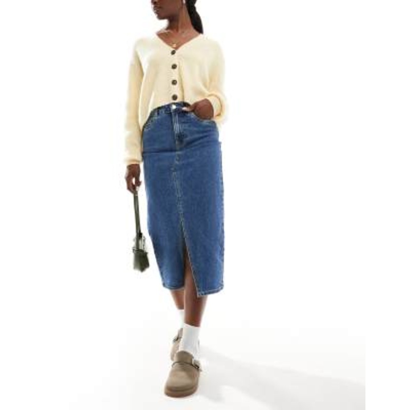 Vero Moda denim midaxi skirt with front slit in medium blue denim