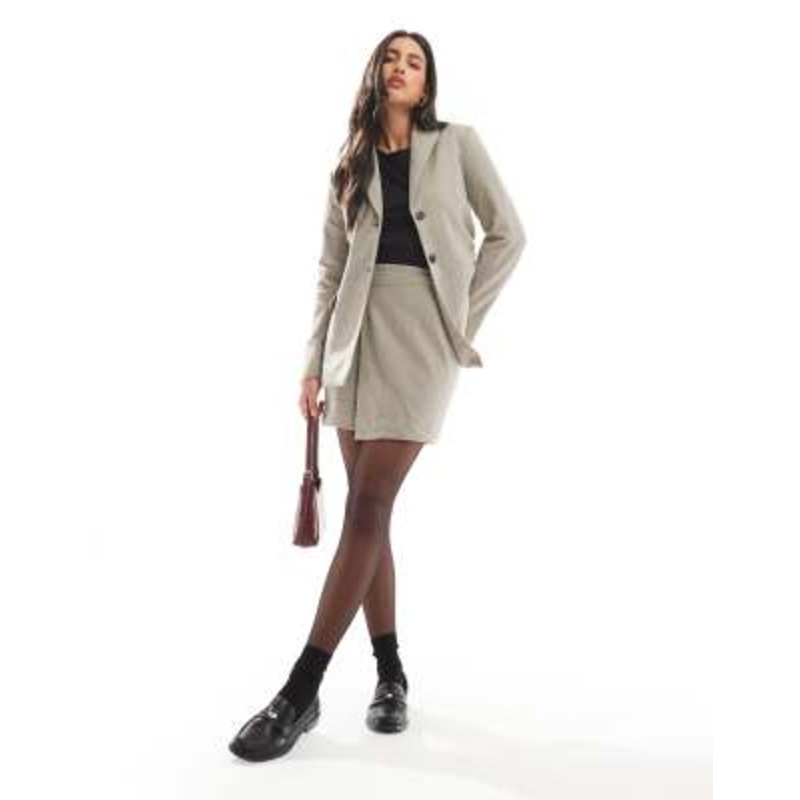 Vero Moda fitted blazer and wrap mini skirt set in beige herringbone tweed