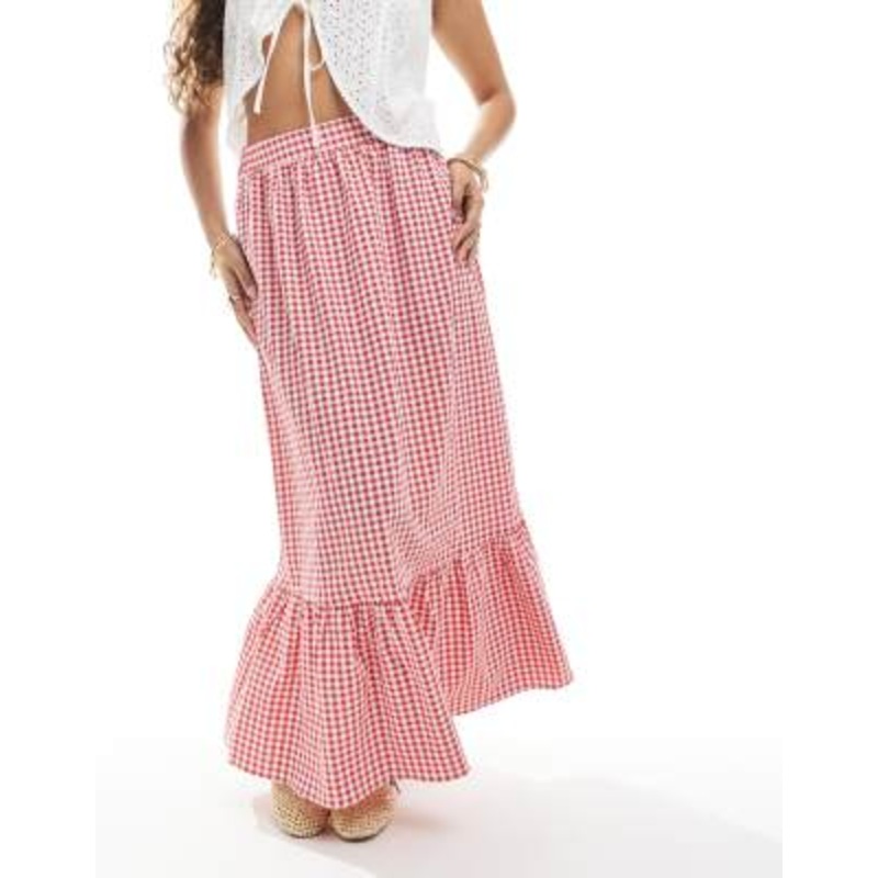 Vero Moda Petite tiered hem maxi skirt in red gingham print