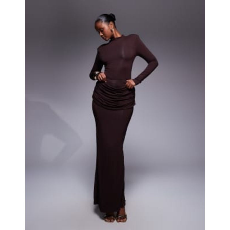 Wanderdoll Ashtin second skin drape detail maxi skirt in espresso – part of a set