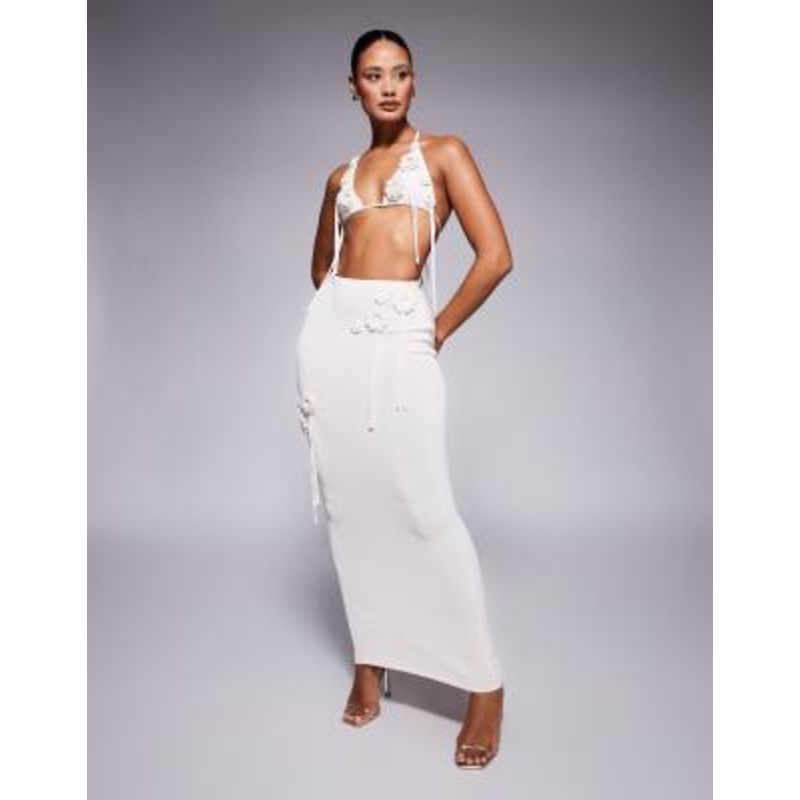 Wanderdoll knit corsage tassel detail bralette top and maxi skirt set in vanilla