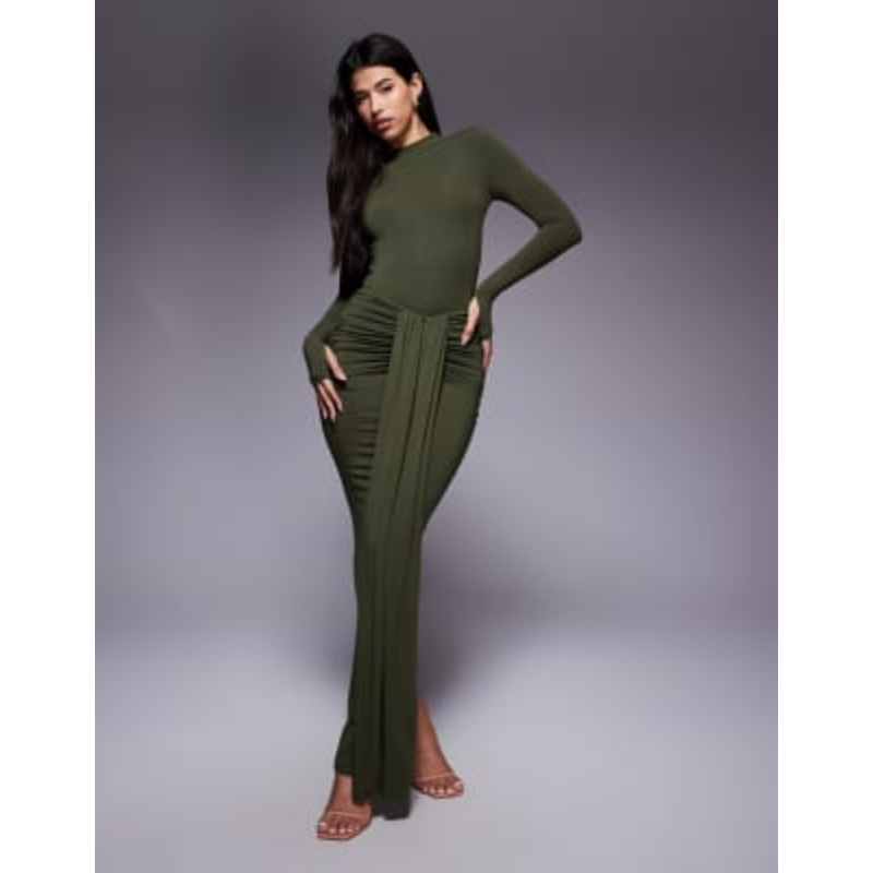 Wanderdoll Nara drape front maxi skirt and second skin high neck long sleeve bodysuit set in olive