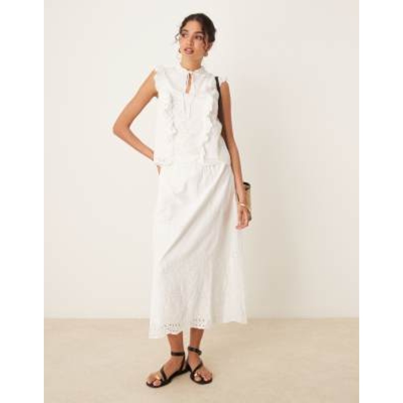 YAS broderie ruffle detail tie neck top and midi skirt set in white