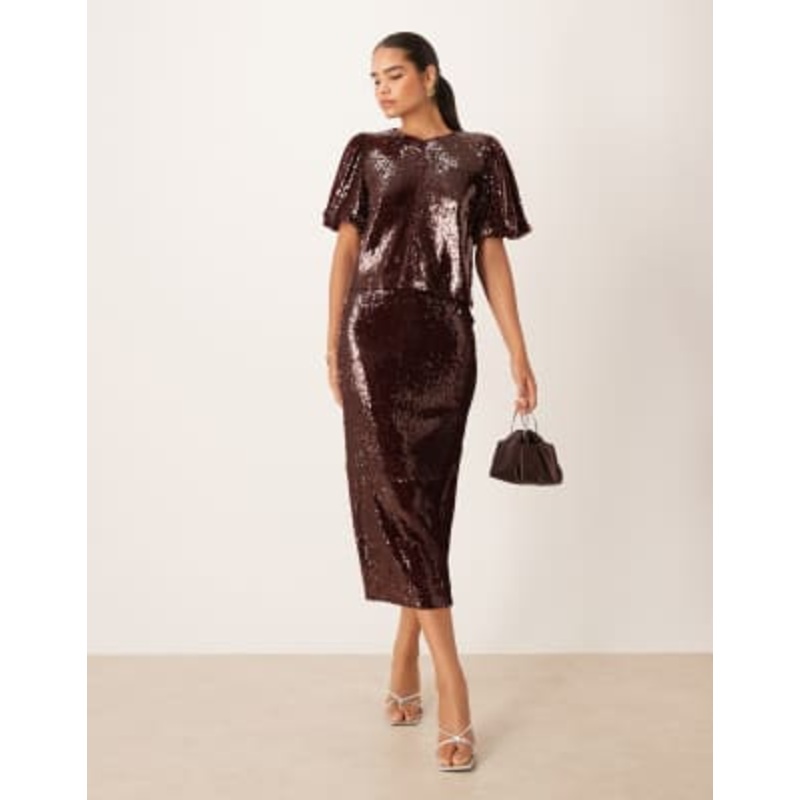 YAS premium sequin top and midi skirt set in burgundy