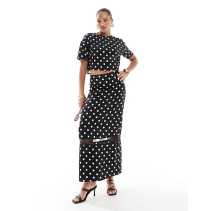 4th & Reckless satin cropped top and lace insert maxi skirt set in black polka dot