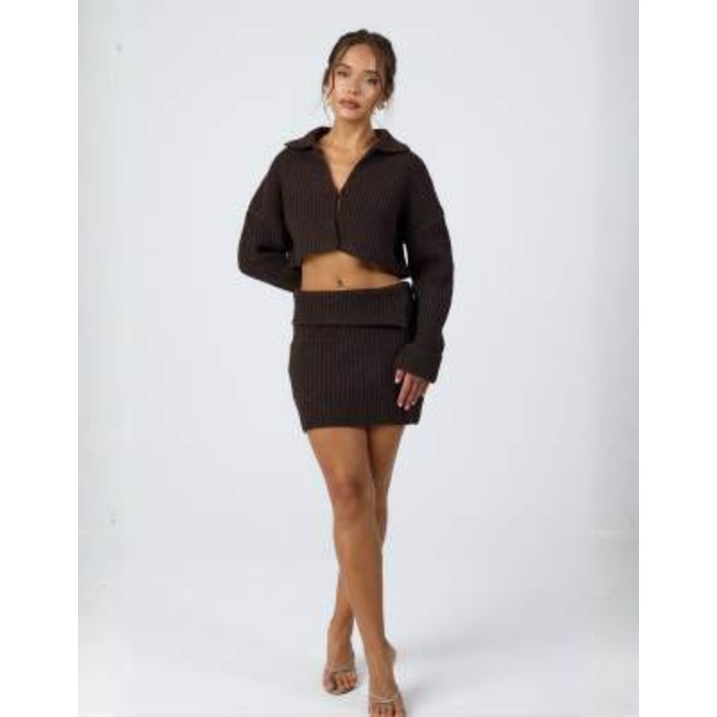 Aria Cove knit wide ribbed fold over detail mini skirt in chocolate – part of a set