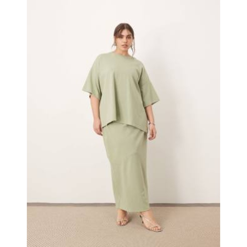 ARRANGE Curve premium heavy weight textured jersey column maxi skirt in pistachio – part of a set