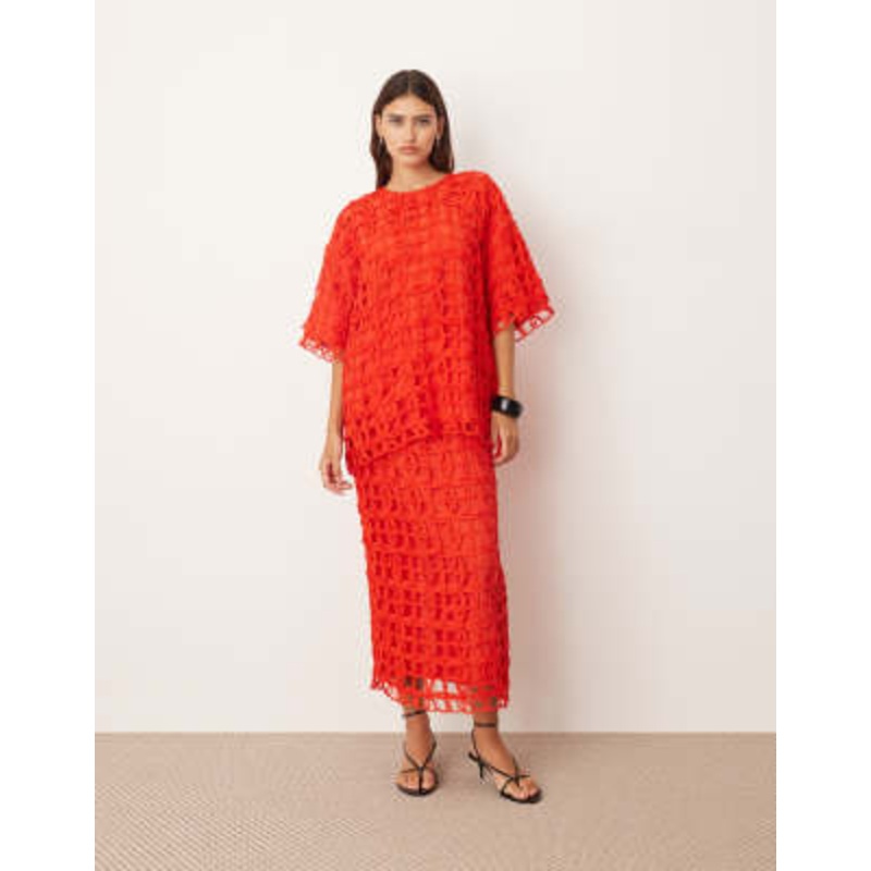 ARRANGE floral cutwork column midi skirt in red – part of a set