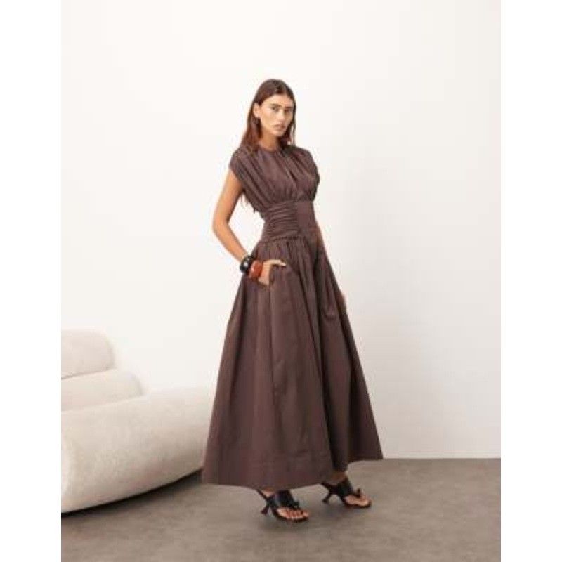 ARRANGE gathered cinched full skirt maxi dress in chocolate