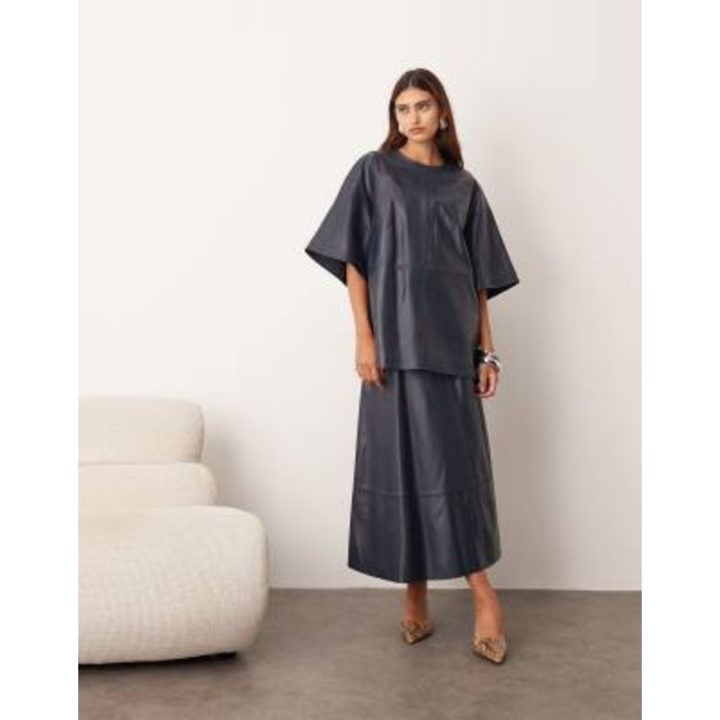 ARRANGE leather boxy T-shirt and full circle skirt in navy