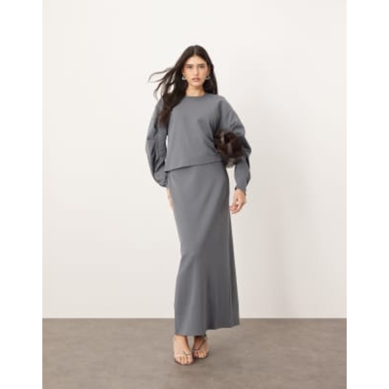 ARRANGE premium boxy top with pleat sleeve detail with heavyweight textured jersey column maxi skirt set in charcoal