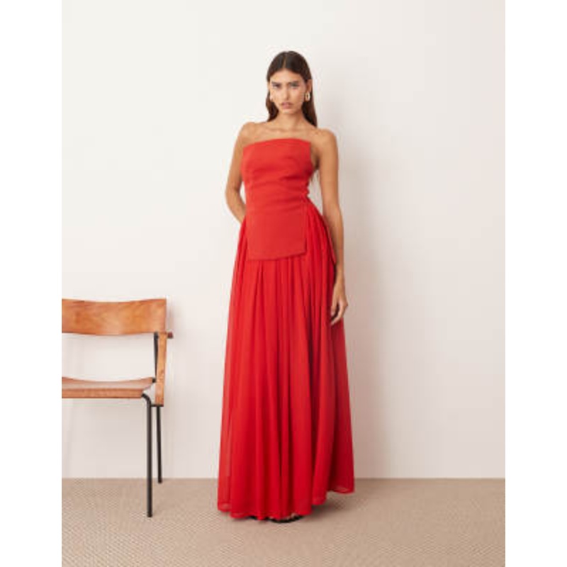 ARRANGE structured bandeau maxi dress with voluminous skirt in red