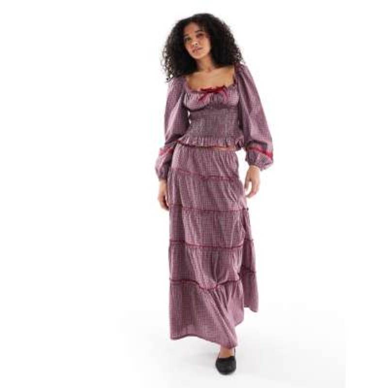 Daisy Street scoop neckline long sleeve shirred bodice blouse & low rise tiered maxi skirt set in red check