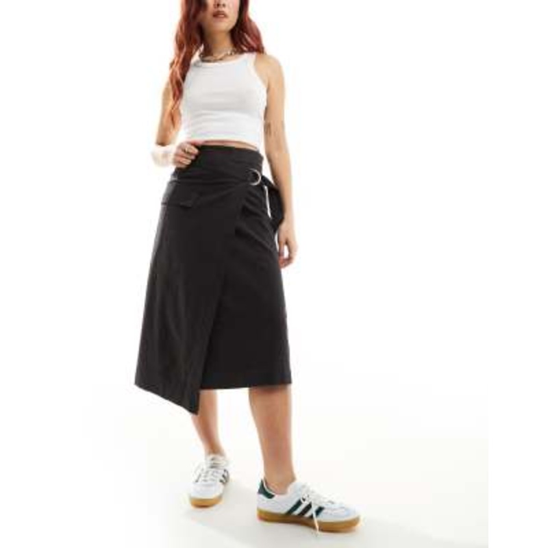 & Other Stories utility asymmetric wrap midi skirt with pocket detail in black