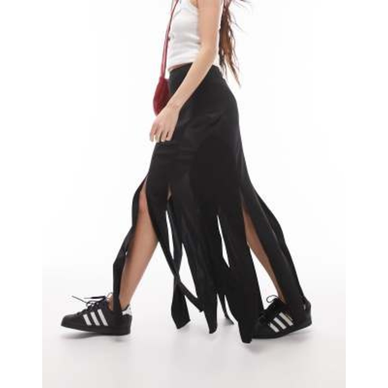Topshop satin and crepe splice midi skirt in black