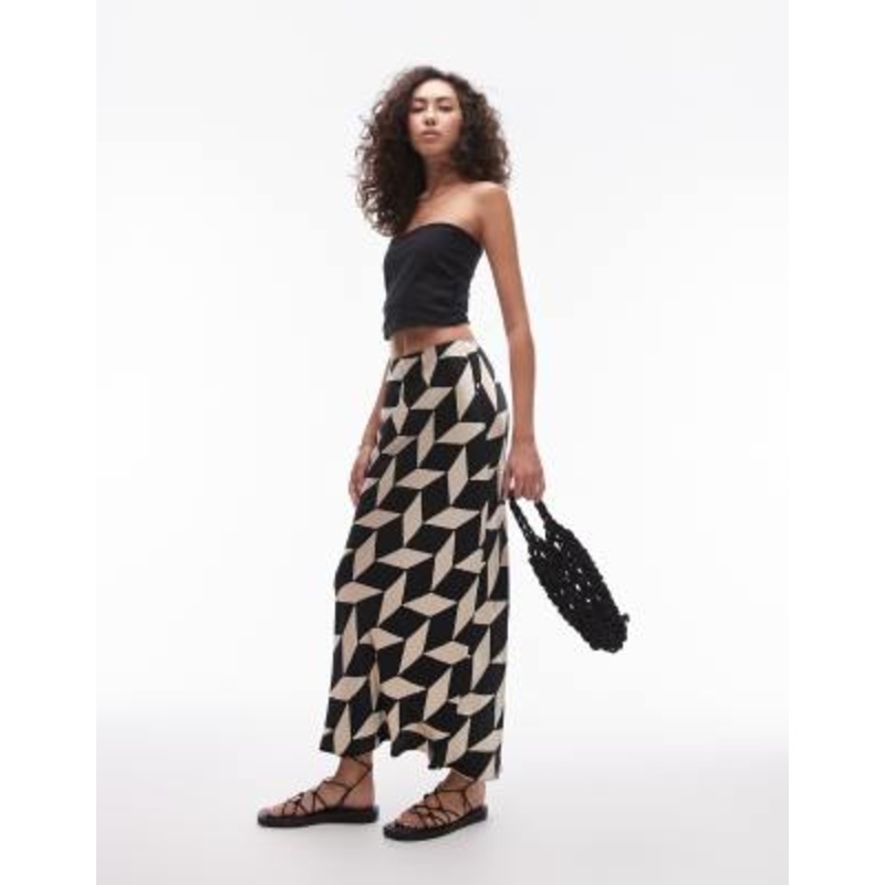 Topshop Tall satin maxi skirt in mono geo print