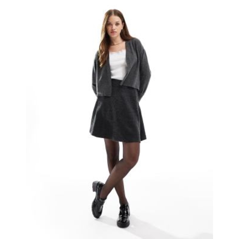 Vila knitted mini skirt and cardigan set in dark gray