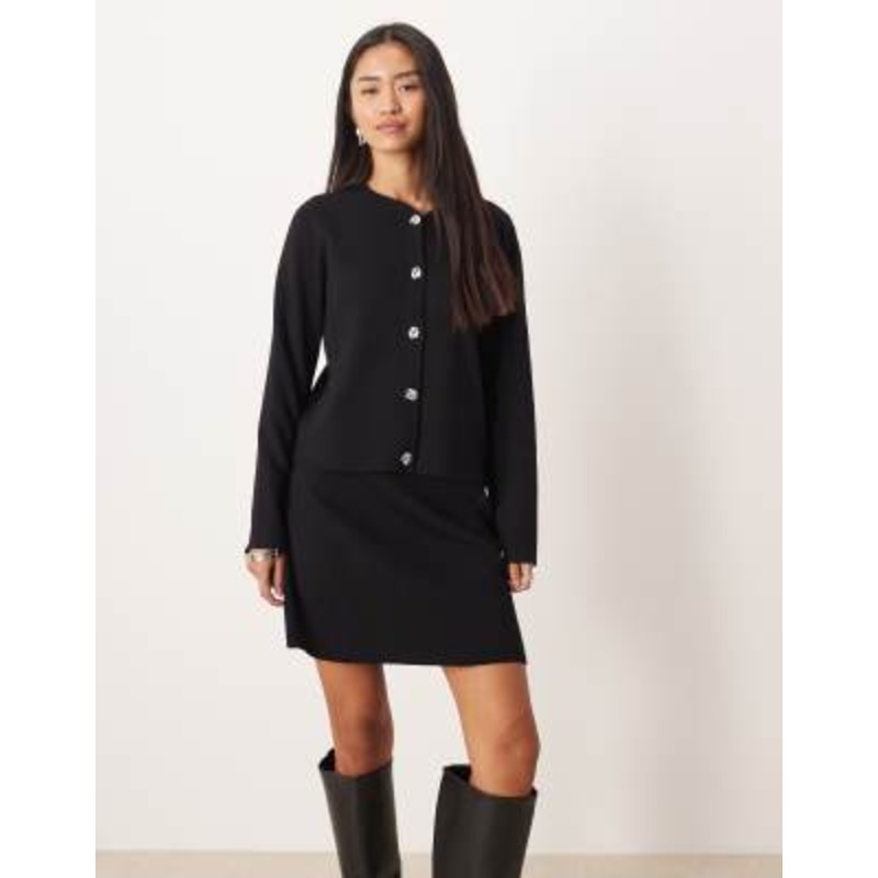 Vila rib knit hammered button cardigan and mini skirt set in black