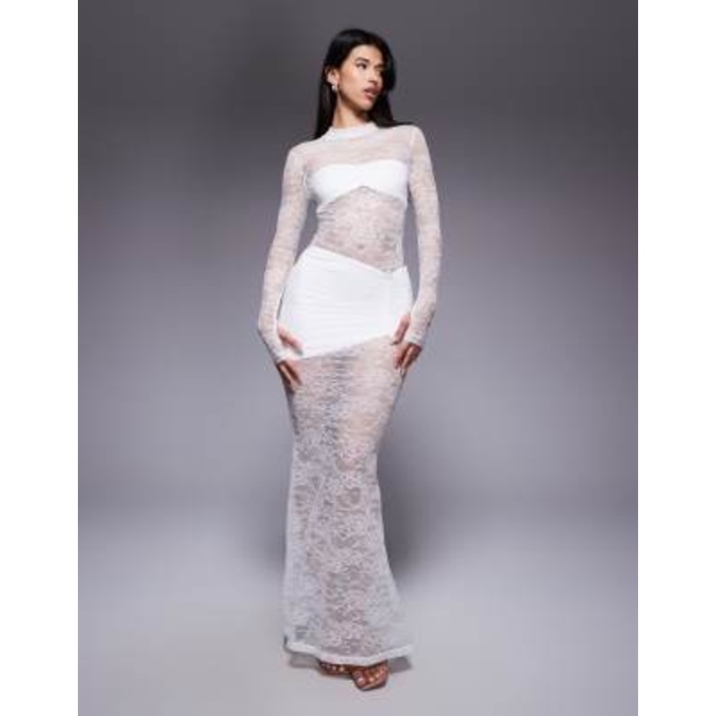 Wanderdoll Britney asymmetric ruched waist lace maxi skirt in white – part of a set