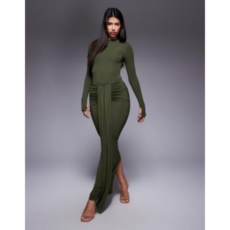Wanderdoll exclusive Nara sculpting second skin drape front maxi skirt in olive – part of a set