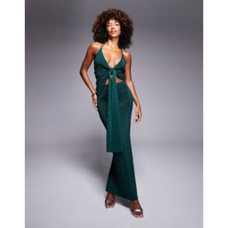 Wanderdoll Gizelle knot front halterneck top and maxi skirt set in emerald