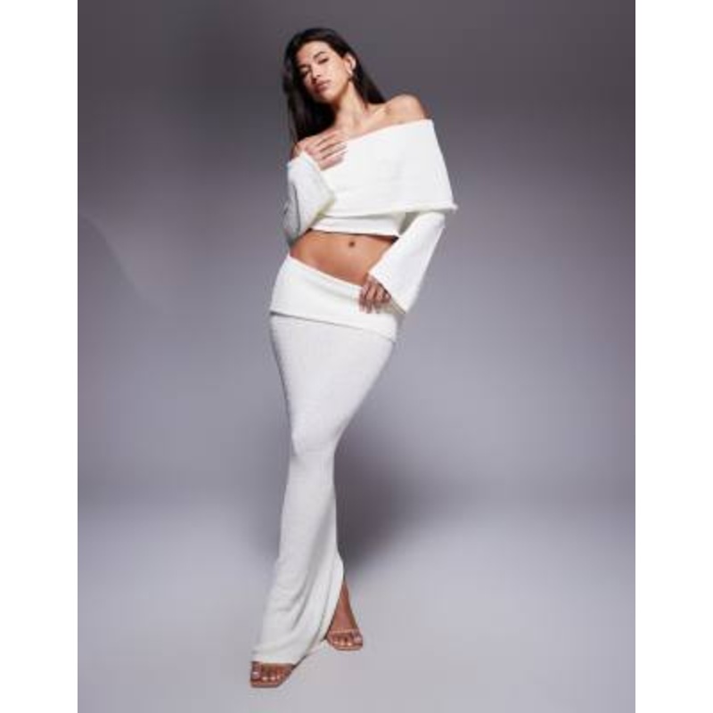 Wanderdoll Yasmin bardot boucle knit dramatic foldover flared sleeve top and maxi skirt set in cream