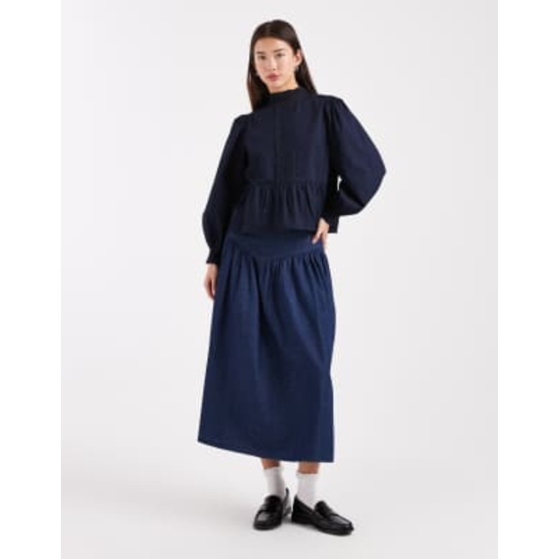 Wednesday’s Girl chambray midi skirt in in dark indigo
