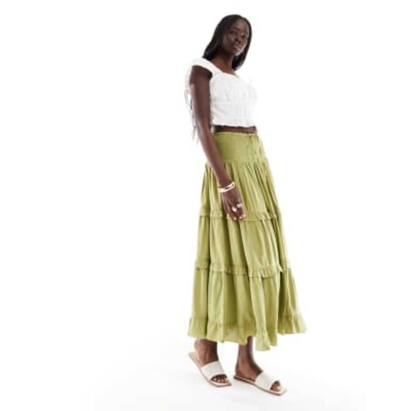 Wednesday’s Girl tiered ruffle midaxi boho skirt in green