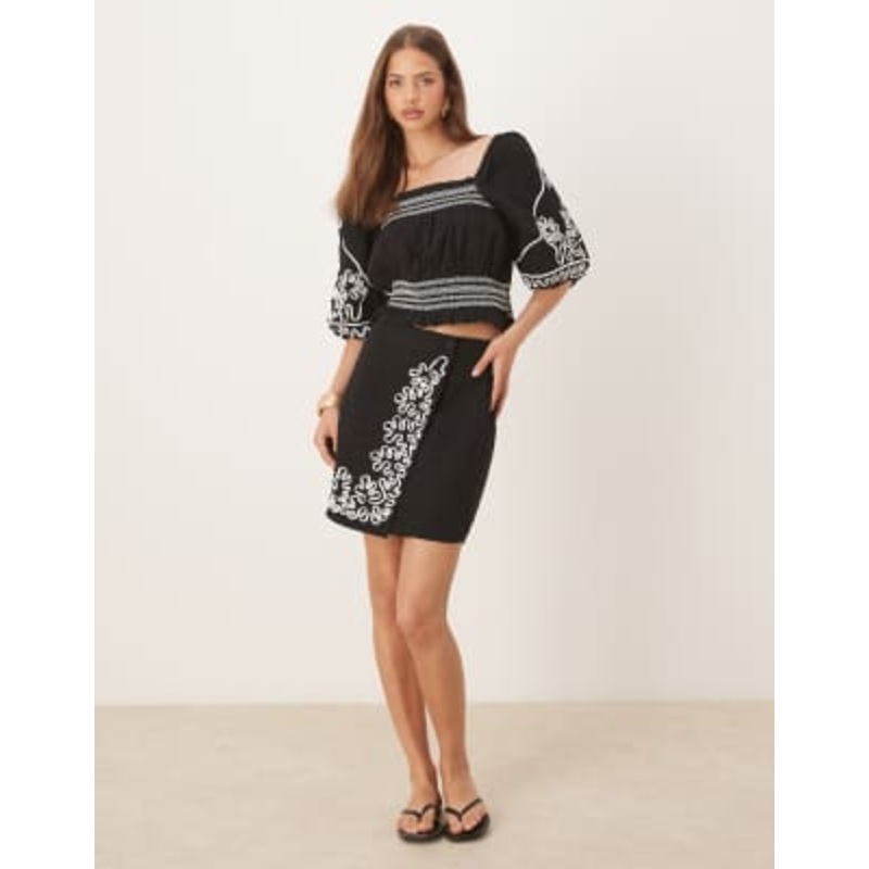 YAS contrast cornelli embroidered mini skirt in black – part of a set
