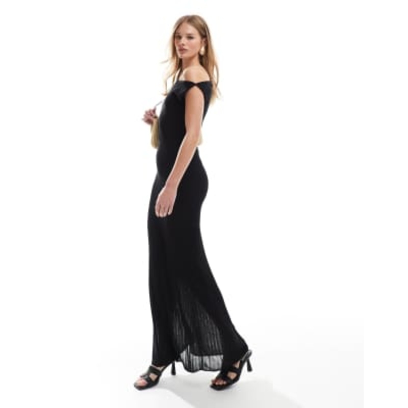 4th & Reckless fine ribbed knit off shoulder sheer skirt maxi dress in black