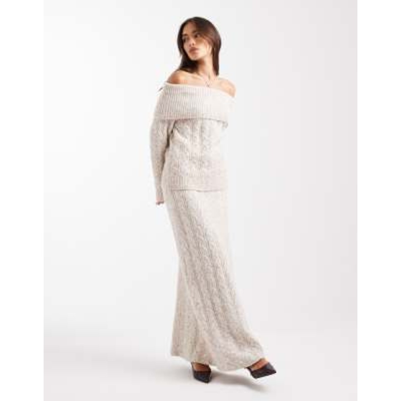 4th & Reckless wool blend dramatic bardot cable knit sweater and maxi skirt set in beige