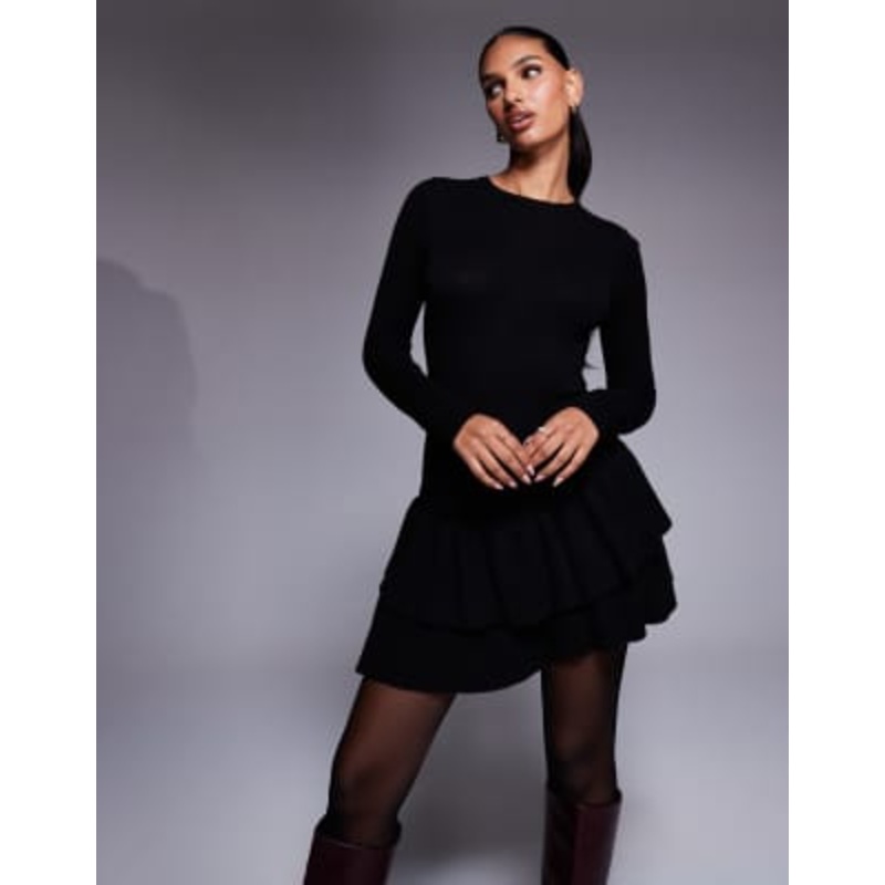 Aria Cove knit long sleeve ruffle skirt mini dress in black